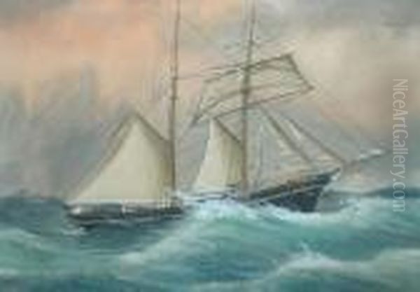 'welsh Belle In Storm Off The Longships' Oct 18, 1907, Signed Watercolour, 53x38cm Oil Painting by Reuben Chappell Of Poole