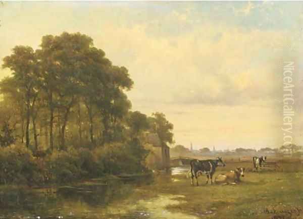 Cattle by a river, a town beyond Oil Painting by Alexander Hieronymus Jun Bakhuyzen