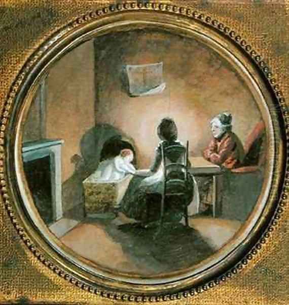 Two Seated Women with a Child in a Cot Oil Painting by Duchesse Louise de Bourbon