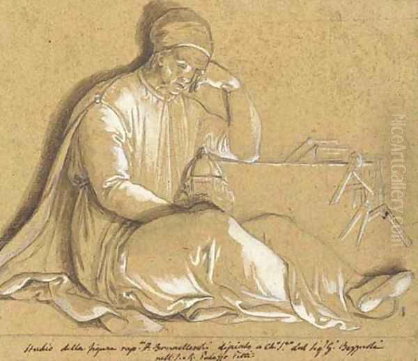 Brunelleschi, seated, holding a model of the dome of Florence Cathedral Oil Painting by Giuseppe Bezzuoli