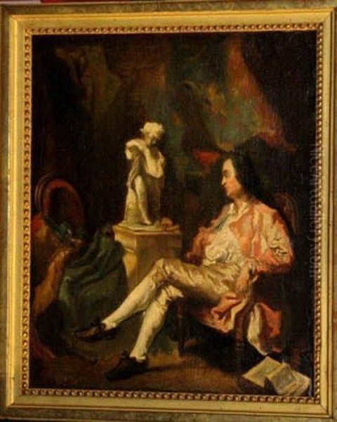 Portrait Of A Man Seated By A Sculpture In Aninterrior Oil Painting by Jean-Baptiste-Simeon Chardin