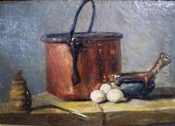 Still Life With Eggs, A Copper Pot And A Mortar Andpestle Oil Painting by Jean-Baptiste-Simeon Chardin