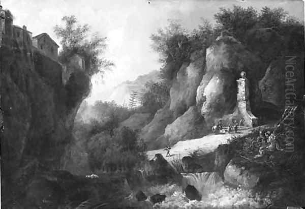 A stream in a rocky gorge with figures by a fountain Oil Painting by Louis Belanger