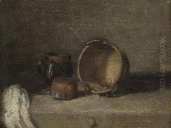 Still Life With A Copper Pot, A Pitcher And A Terracotta Bowl On A Wooden Table Oil Painting by Jean-Baptiste-Simeon Chardin