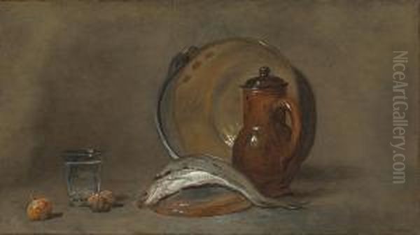 Still Life With A Copper Pot, A Pitcher, Fish, A Glass, Two Nutsand An Onion Oil Painting by Jean-Baptiste-Simeon Chardin