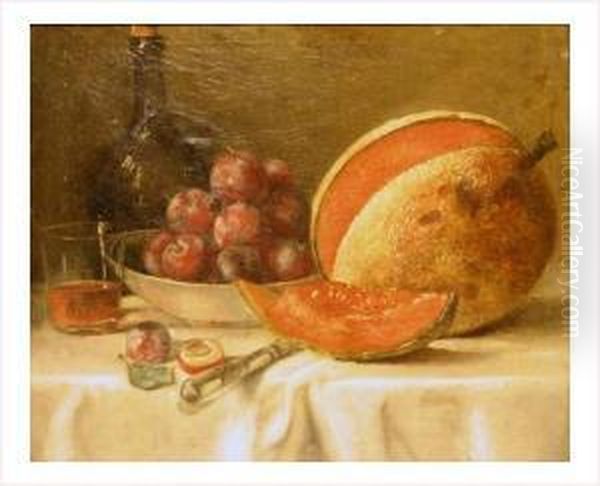 Nature Morte Au Melon, Coupe De Prunes Et Bouteille Sur Un Entablement Oil Painting by Jean-Baptiste-Simeon Chardin