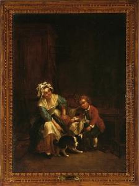 Interior With A Maid, A Son Of The Master And Mistress Plus His Dog Oil Painting by Jean-Baptiste-Simeon Chardin