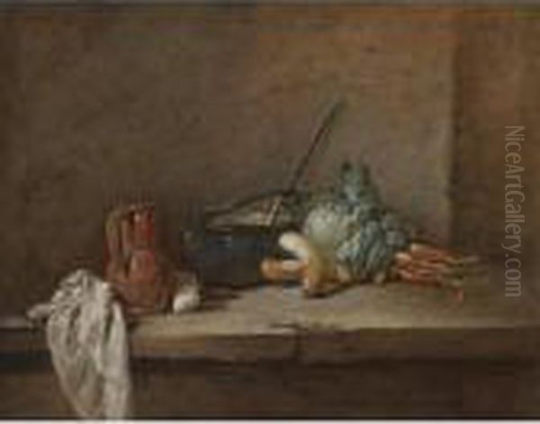 A Still Life With A Napkin, A 
Pitcher, A Metallic Urn, Turnips And Other Vegetables, Arranged On A 
Stone Ledge Oil Painting by Jean-Baptiste-Simeon Chardin