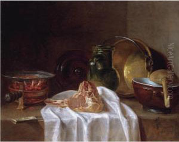 Still Life With A Brazier, 
Earthenware Jugs, A Copper Bowl And A Lamb Chop On A Stone Ledge Oil Painting by Jean-Baptiste-Simeon Chardin