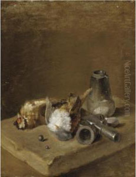 A Still Life With Two Songbirds Together With A Shot-making Set On A Ledge Oil Painting by Jean-Baptiste-Simeon Chardin