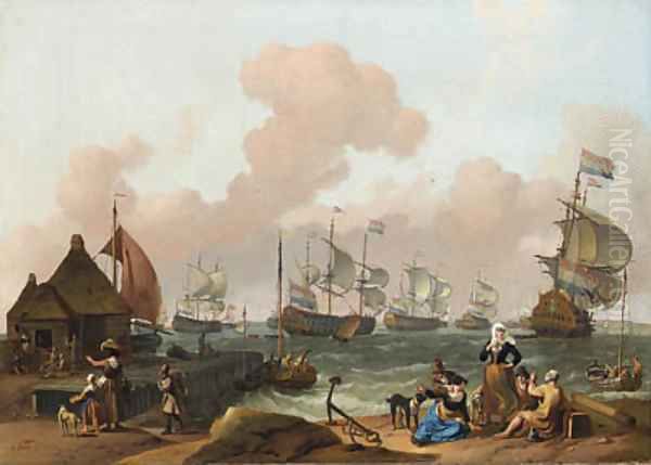 Coastal Scene with the Dutch Fleet under Way, peasants by a jetty in the foreground Oil Painting by Ludolf Backhuyzen