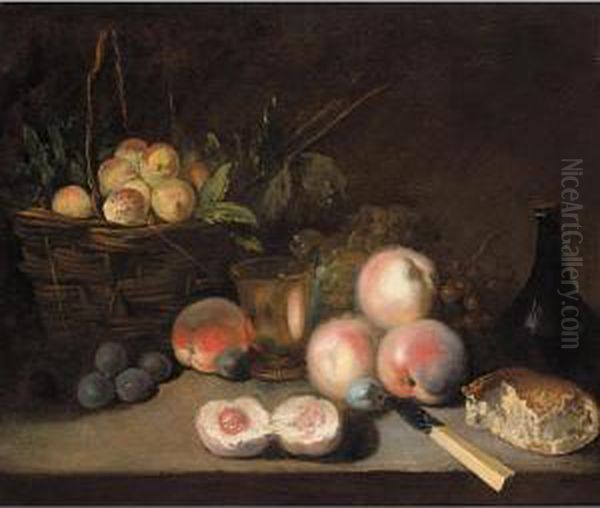 Still Life With Apricots In A 
Basket, Peaches, Plums, A Bun, A Bottle And A Bronze Cup, Together With A
 Bunch Of Grapes And A Knife On A Stone Ledge Oil Painting by Jean-Baptiste-Simeon Chardin