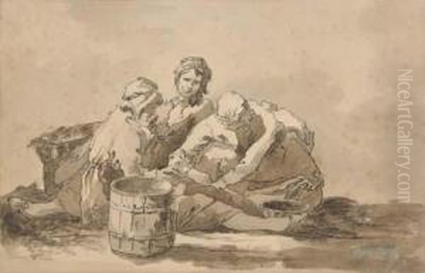 Three Resting Peasant Women With Baskets Oil Painting by Jean-Baptiste-Simeon Chardin