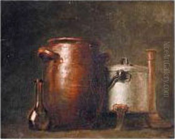 A Still Life With A Pot, A Saucepan, A Candlestick And A Vase Oil Painting by Jean-Baptiste-Simeon Chardin