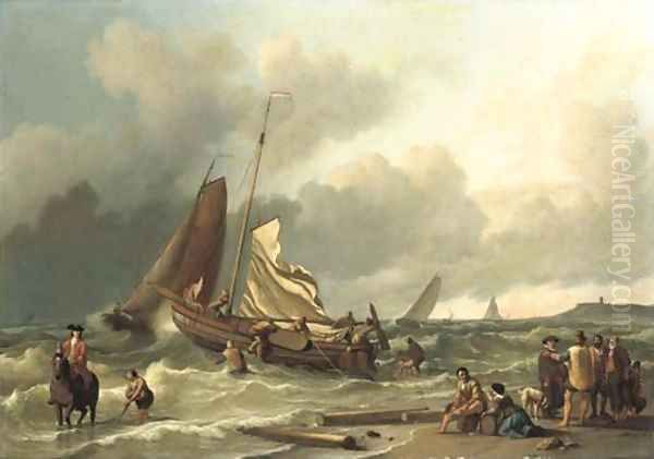 A Dutch fishing boat in a squall with an elegant man on horseback in the shallow tide, other fishing vessels beyond Oil Painting by Ludolf Backhuyzen