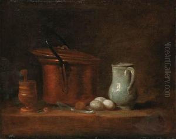 A Copper Cauldron, A Pestle And 
Mortar, A Stoneware Jug, Eggs And A Spring Onion On A Ledge Oil Painting by Jean-Baptiste-Simeon Chardin