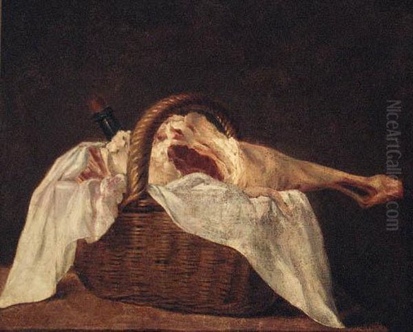 A Leg Of Lamb And A Wine Bottle In A Basket On A Ledge Oil Painting by Jean-Baptiste-Simeon Chardin