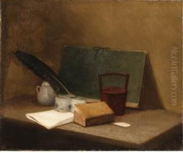 A Book, A Letter, An Inkwell And Other Objects On A Ledge Oil Painting by Jean-Baptiste-Simeon Chardin