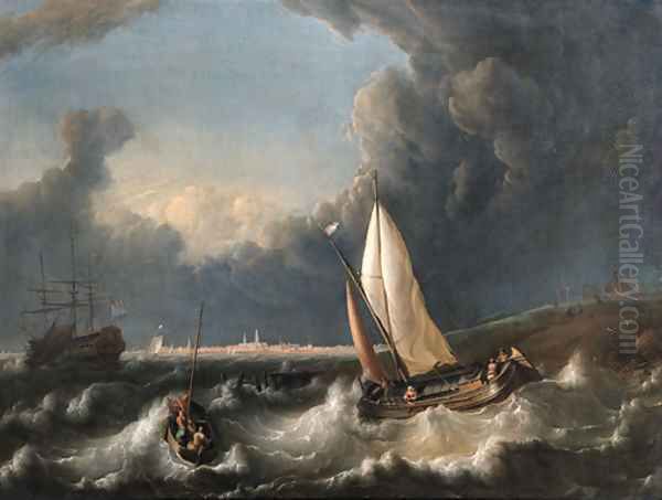 A storm off Hoorn with a wijdschip going about and a pink with its lowered sail Oil Painting by Ludolf Backhuyzen