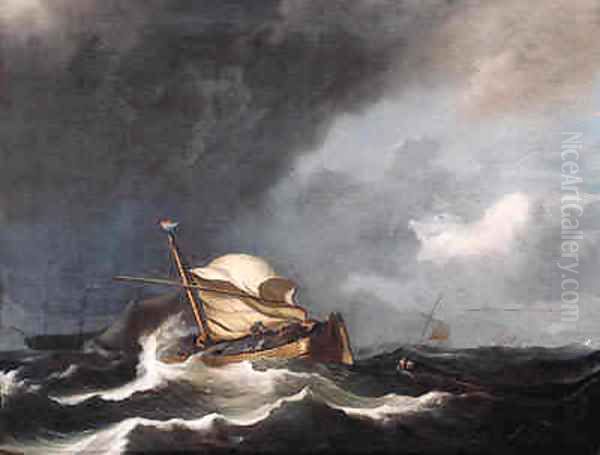 A wijdschip, sails reefed, as a storm approaches Oil Painting by Ludolf Backhuyzen