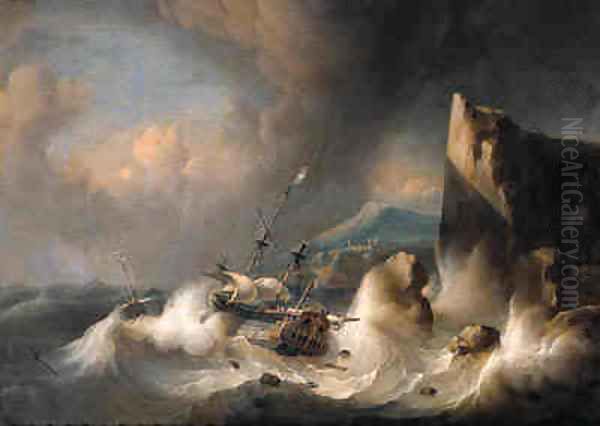 An Amsterdam merchant man and a wijdschip foundering off a rocky coast, in a gale Oil Painting by Ludolf Backhuyzen