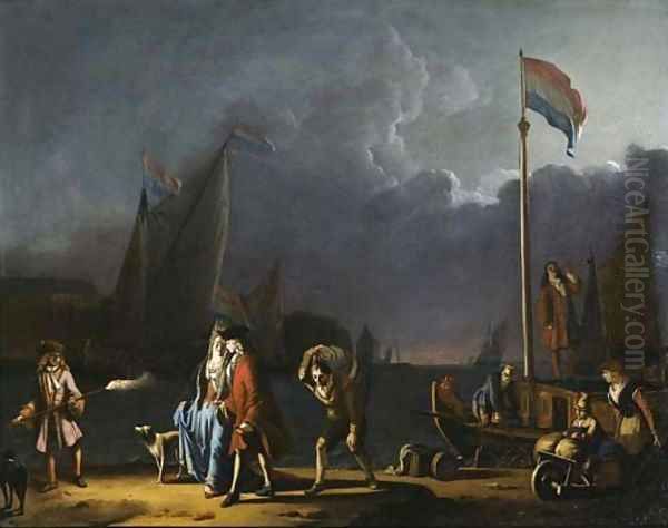 An elegant couple on a quay at night Oil Painting by Ludolf Backhuyzen