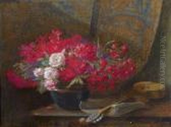 Stillebenmit Blumenstraus Und Gitarre Oil Painting by Hugo Charlemont