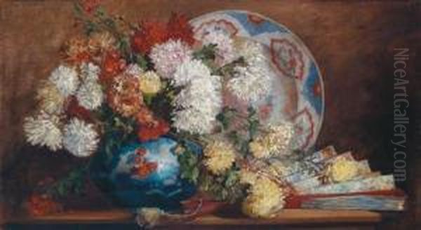 Bouquet Of Flowers With Asian Plate And Fans Oil Painting by Hugo Charlemont