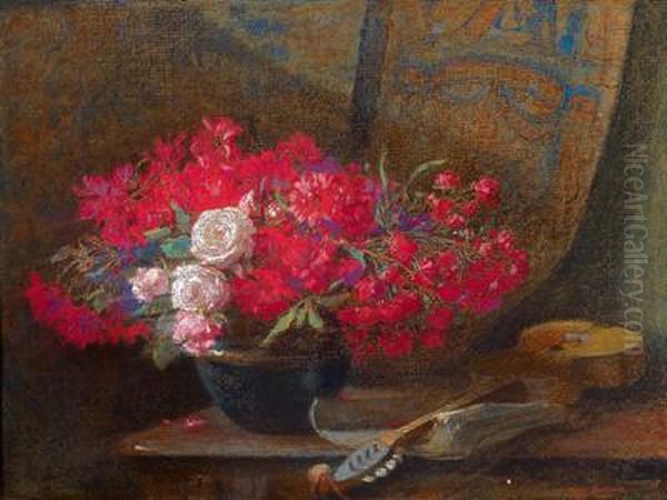 Stilleben Mit Blumenstraus Und Gitarre Oil Painting by Hugo Charlemont