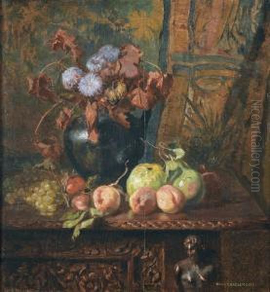 Stillleben Mit Blumen Und Fruchten In Interieur. Oil Painting by Hugo Charlemont