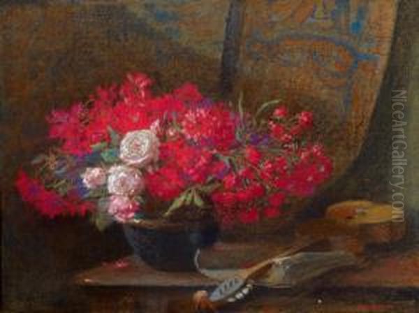 Stillleben Mit Blumenstraus Und Gitarre Oil Painting by Hugo Charlemont