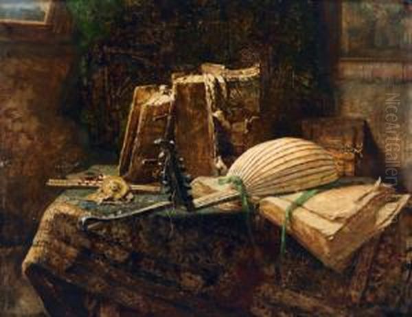 Stillleben Mit Musikinstrumenten Und Folianten Oil Painting by Hugo Charlemont