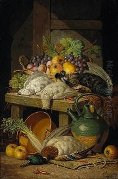 A Still Life With Fruit, Game, A Water Jug And A Copper Pot Oil Painting by A. Charles