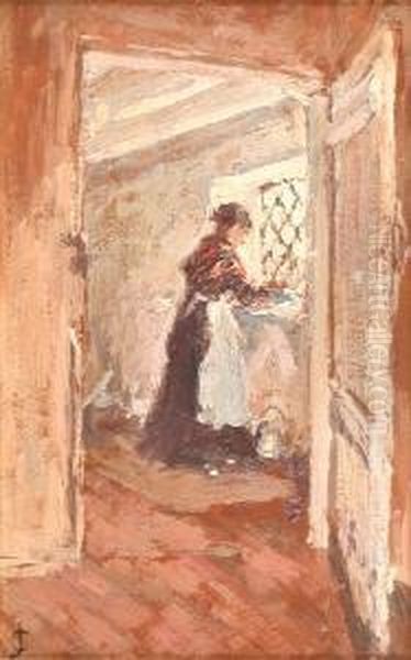 Cottage Interior With Lady At A Window Oil Painting by James Charles