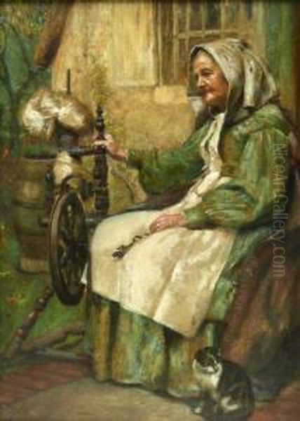 Lady Spinning By The Cottage Door Oil Painting by James Charles