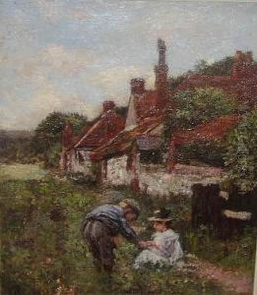 Children In A Cottage Garden Oil Painting by James Charles