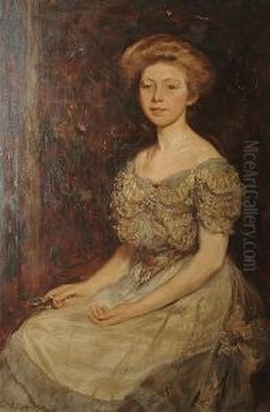 Portrait Of A Young Woman Seated, Wearing A White Dress With A Lace Bodice Oil Painting by James Charles