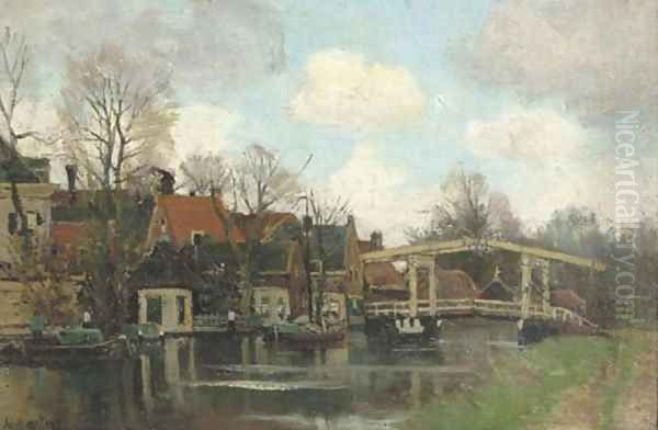 Ophaalbrug over de Vecht, Breukelen a riverside village Oil Painting by Nicolaas Bastert