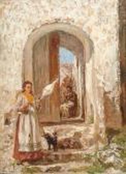 A Mediterranean Scene With A Woman In An Archway Oil Painting by James Charles