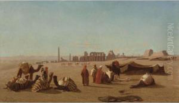 A Caravan At Rest, The Temple Of Karnak, Thebes In Thedistance Oil Painting by Charles Theodore Frere