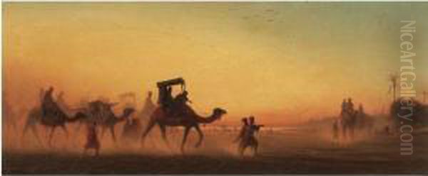 Caravane Au Coucher Du Soleil Oil Painting by Charles Theodore Frere