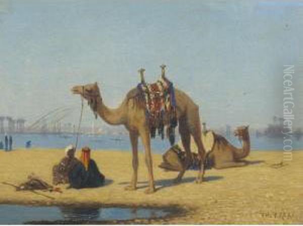 Camels By The Nile Oil Painting by Charles Theodore Frere