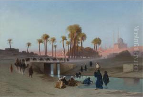 Departure From Cairo, Mohamed Ali Citadel In The Distance Oil Painting by Charles Theodore Frere