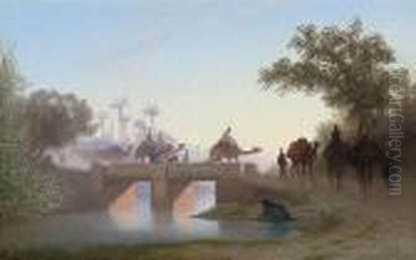 A Camel Train Crossing A River Oil Painting by Charles Theodore Frere