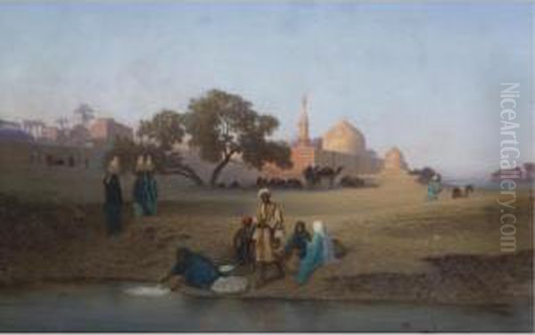 A Village Along The Nile Near Cairo Oil Painting by Charles Theodore Frere