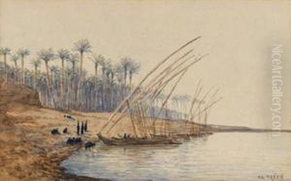 Figures With Dhows By A River Oil Painting by Charles Theodore Frere