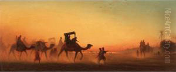 Caravane Au Soleil Couchant Oil Painting by Charles Theodore Frere