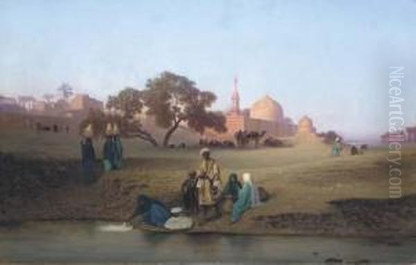 A Village Along The Nile Near Cairo Oil Painting by Charles Theodore Frere