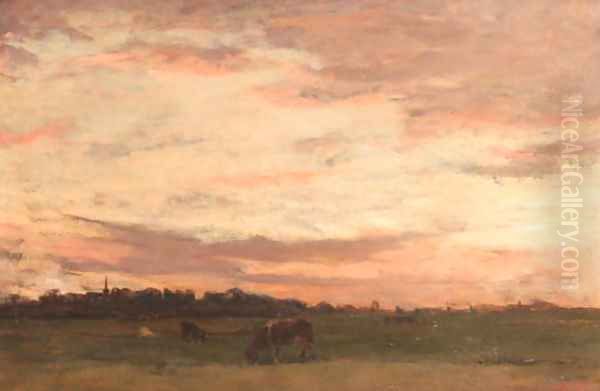 Polder landscape at dusk Oil Painting by Nicolaas Bastert