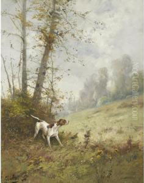 Setter In A Landscape Oil Painting by Emile Charlet